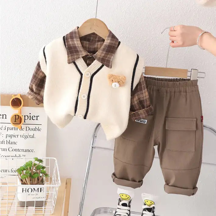 Toddler 3-Piece Plaid Shirt & Bear Vest Outfit β White or Brown (1-5 Years)